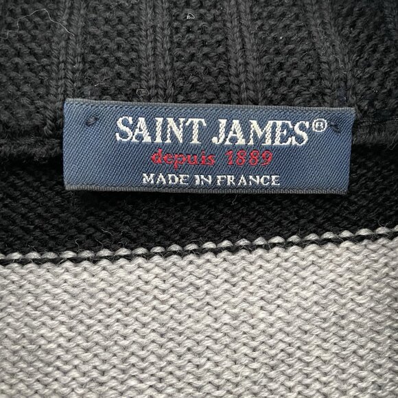 Saint James Wool Black Gray Sailor Stripe Fisherman Cardigan Sweater Size US 12 - Picture 4 of 16